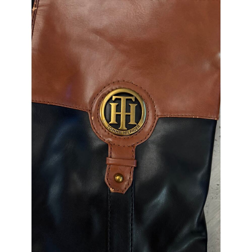 Tommy Hilfiger Riding Boots Black Brown Knee High Boots Women's 7.5 Logo - Picture 2 of 9